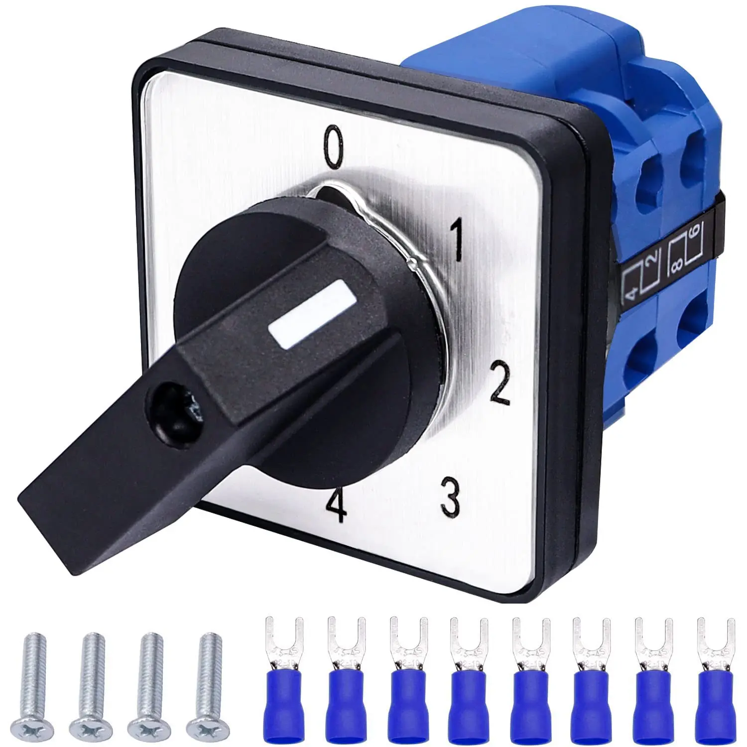 LW26-20 Universal Latching Rotary Cam Switch - 20A 550V 5 Position, 8 Terminals, Flame Retardant Copper Alloy, Durable, Good Conductivity, W/ 8pcs SV2-4 Blue Terminal, 4 X Mounting Screws, 48X48x72mm