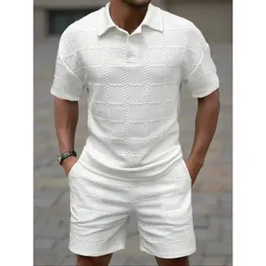 Men's summer casual fabric solid color polo shirt T-shirt shorts two-piece set, loose fit suitable for casual sports, breathable and cool, summer essential clothing, comfortable and multifunctional men's simple spring declarationRAIMENTRY