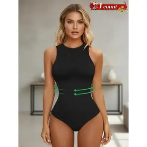 Women's Tummy Control Shapewear Bodysuit, Round Neck Shaper Seamless Sleeveless Racerback Tank Thong Bodysuit