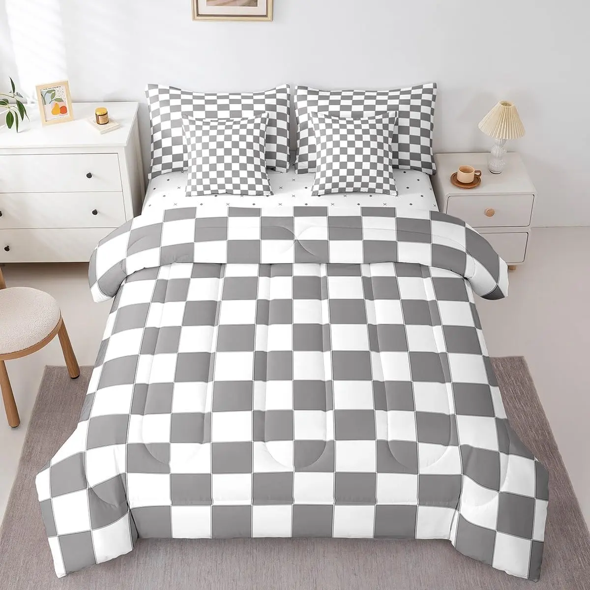 Gray Checkered Bed in A Bag 7 Piece White Grey Checkerboard Grid Bedding Set,Geometric Buffalo Plaid Comforter Set with Sheets Adults Men Gingham Bed Set