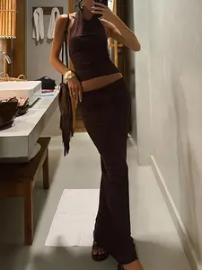 Two-piece Set Women's Solid Backless Crop Tank Top & Maxi Skirt, Matching Clothing Set Fashion Casual Halter Neck Top & Bodycon Skirt for Daily Outdoor Wear, Ladies Clothes for Summer