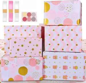 Pink Gold Gift Wrap - Soft Pink Wrapping Paper & Ribbon Stickers for Presents - Pretty Light Pink Sheets for Birthday, Wedding, Valentine's Day & All Occasions (6 Sheets, 27.5"L x 19.6"W per Sheet)