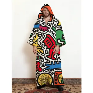 Men's V-Neck Hooded Robe - Abstract Artistic Print Long Sleeve Caftan with Front Pockets, Soft Breathable Cotton Blend Loungewear, Hooded Kimono for Home Lounge Meditation, Unique Modern Bohemian Style House Coat
