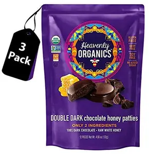 Heavenly Organics Double Dark Chocolate Honey Patties, 3 Bags- 12 single /bag -4.66oz (132g) Made with 100% Organic Cocoa and 100% Organic Raw White Honey;