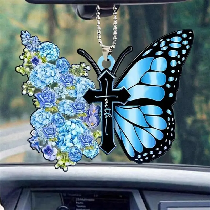Butterfly & Floral Shaped Car Hanging Decoration, Acrylic Rearview Mirror Pendant, Hanging Decor For Window Door Frame Balcony, Car Decor Supplies, Ca