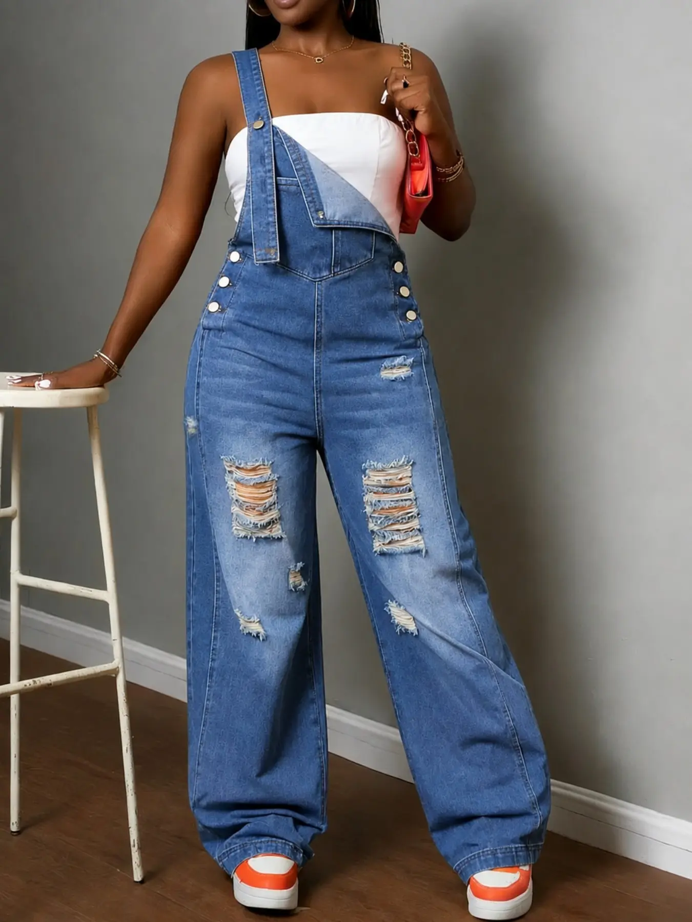 Women's Non-Stretch Distressed Denim Overalls, Loose Fit Baggy Wide-Leg Jumpsuit, Casual Retro Streetwear Chic Fashion Womenswear Jeans for Women, Perfect for Daily Wear