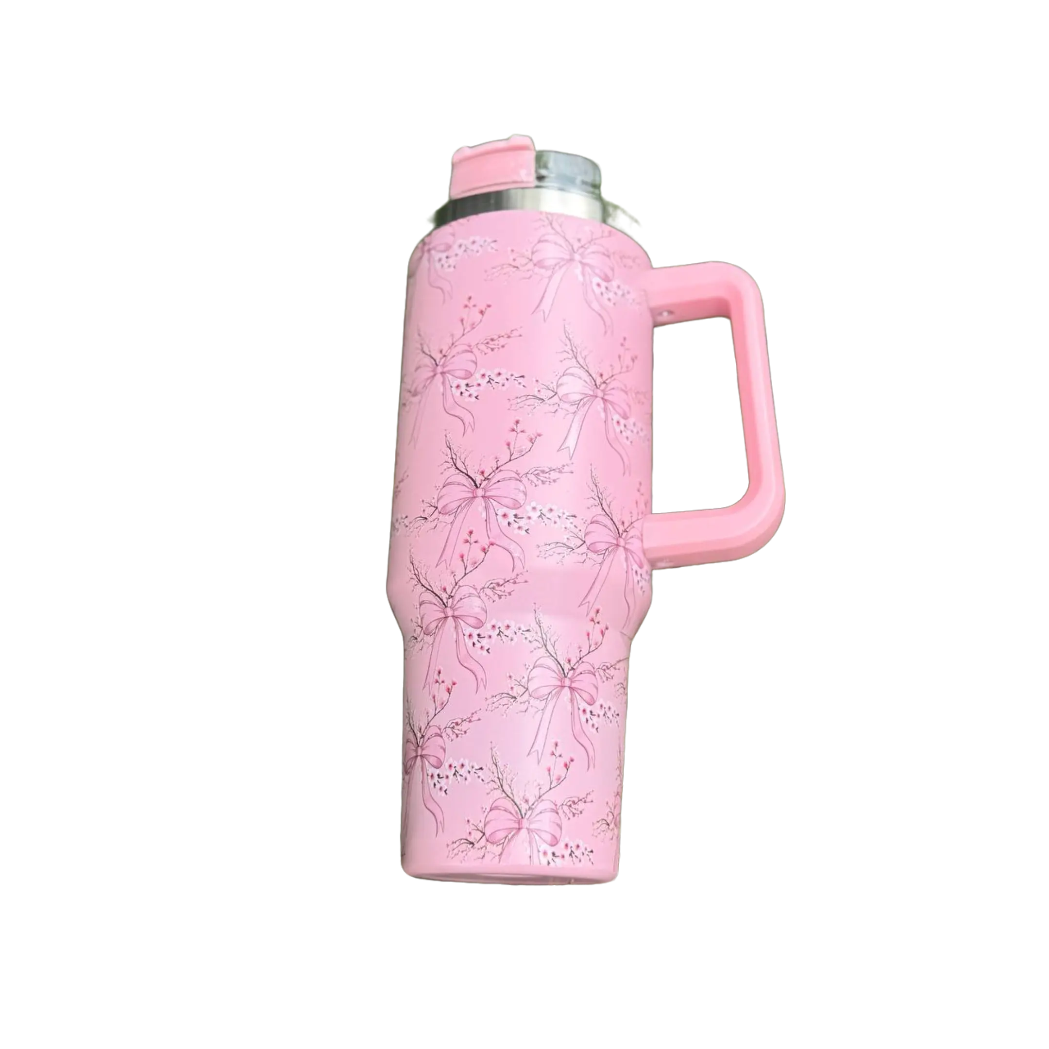 Pink Coquette Bow 40oz Tumbler with Handle | Floral Ribbon Travel Mug | Insulated Stainless Steel Cup for Women
