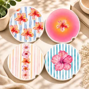 Hibiscus Flower Soapstone Car Coaster, Tropical Floral Print, Pink Hawaiian Flower Cup Holder Coaster, Summer Car Accessory