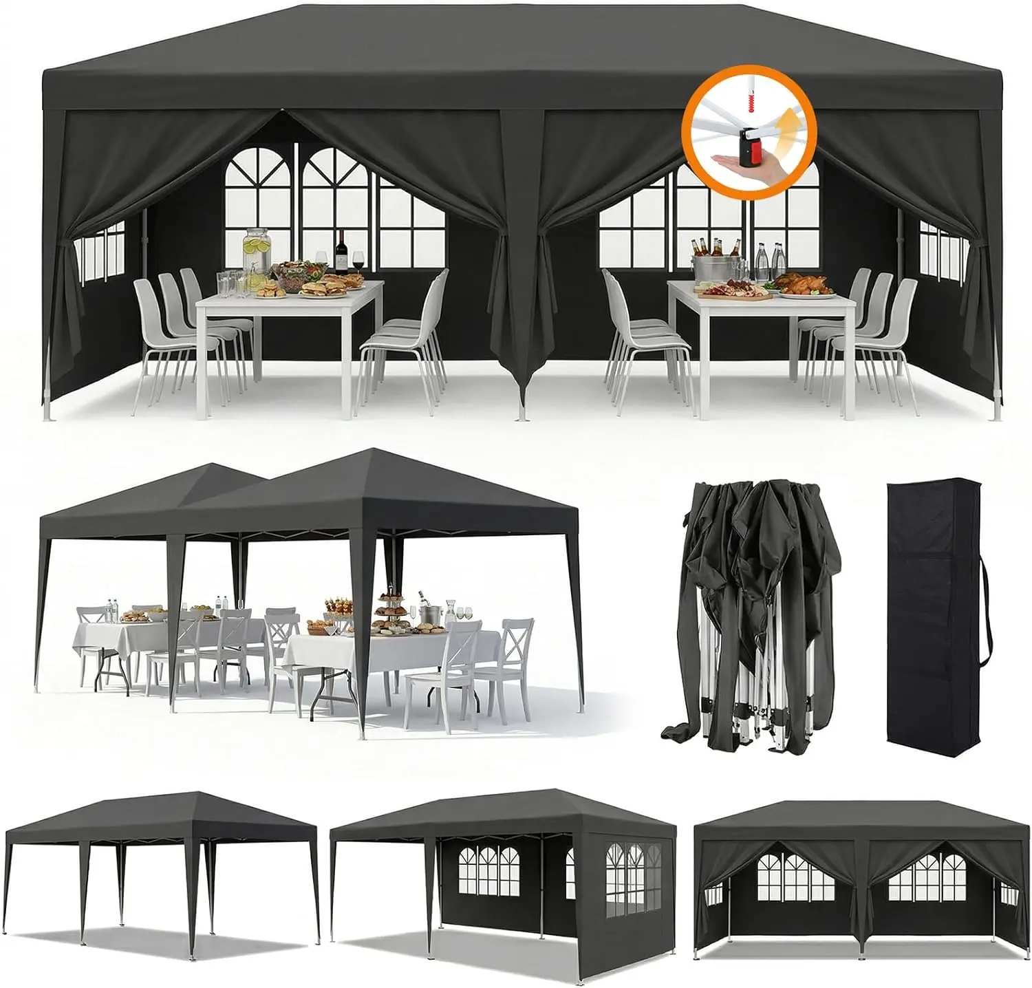 10x20 Pop-Up Canopy Tent with 6 Detachable Sidewalls Waterproof Heavy-Duty Party Tent with Cathedral-Style Windows Commercial Instant Gazebo for Outdoor Gatherings Weddings & Vendors vent top Portable Awnings