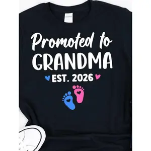Promoted to Grandma Est 2026 T-Shirt - Gender Reveal Pregnancy Announcement Gift for New Grandmothers, Footprints & Year Design (Pink/Blue), Casual Short Sleeve Round Neck Shirt for Grandma-to-Be, Family Party Outfits
