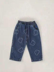 Spring Baby Toddler Unisex Denim Set, Baby Clothing, Trendy Bear Head Print Long Pants Jeans, Casual Fashion for Boys and Girls, Comfortable and Stylish