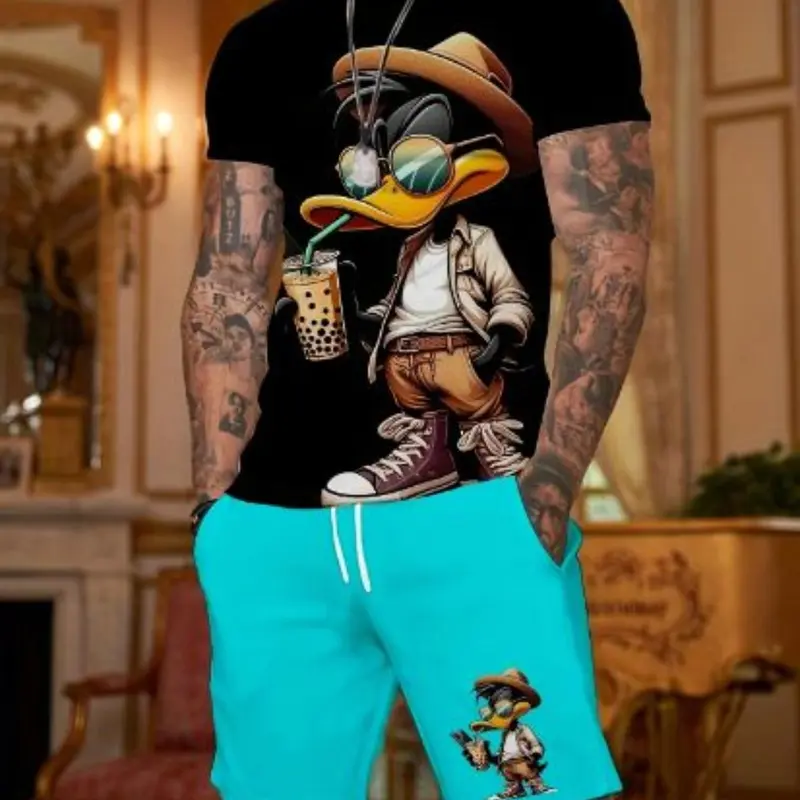 Men's Vintage Style Casual Summer Style Icon Set with Duck Print, Fitted Short-Sleeve T-Shirt and Knee-Length Shorts with Elastic Waist for Comfort