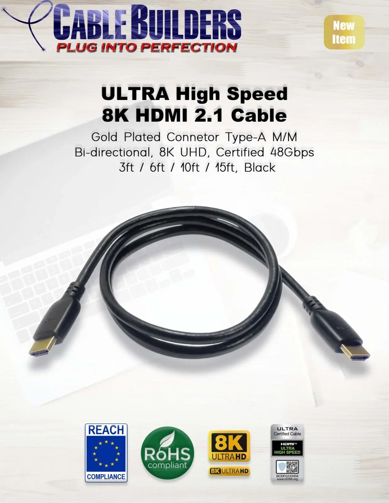Certified Ultra High Speed HDMI Cable - 2.0 for 4K, 2.1 for 8K - Compatible with HDTV, PC, Gaming Devices