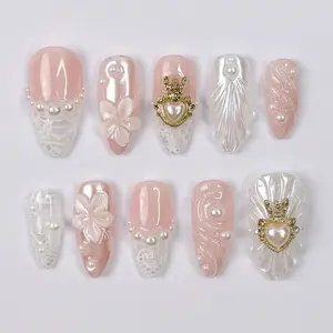 Princess Pearl Press-On Nails, 3D Floral Lace & Golden Crown Charms, Soft Nude Pink Tones, Handmade Luxury Bridal Nail Art Gift, Gift For Her