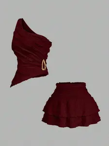 Women's Sleeveless Short Top with Waist Buckle Decoration & Pleated Skirt Set, Casual Summer, Fashionable Women's Clothing