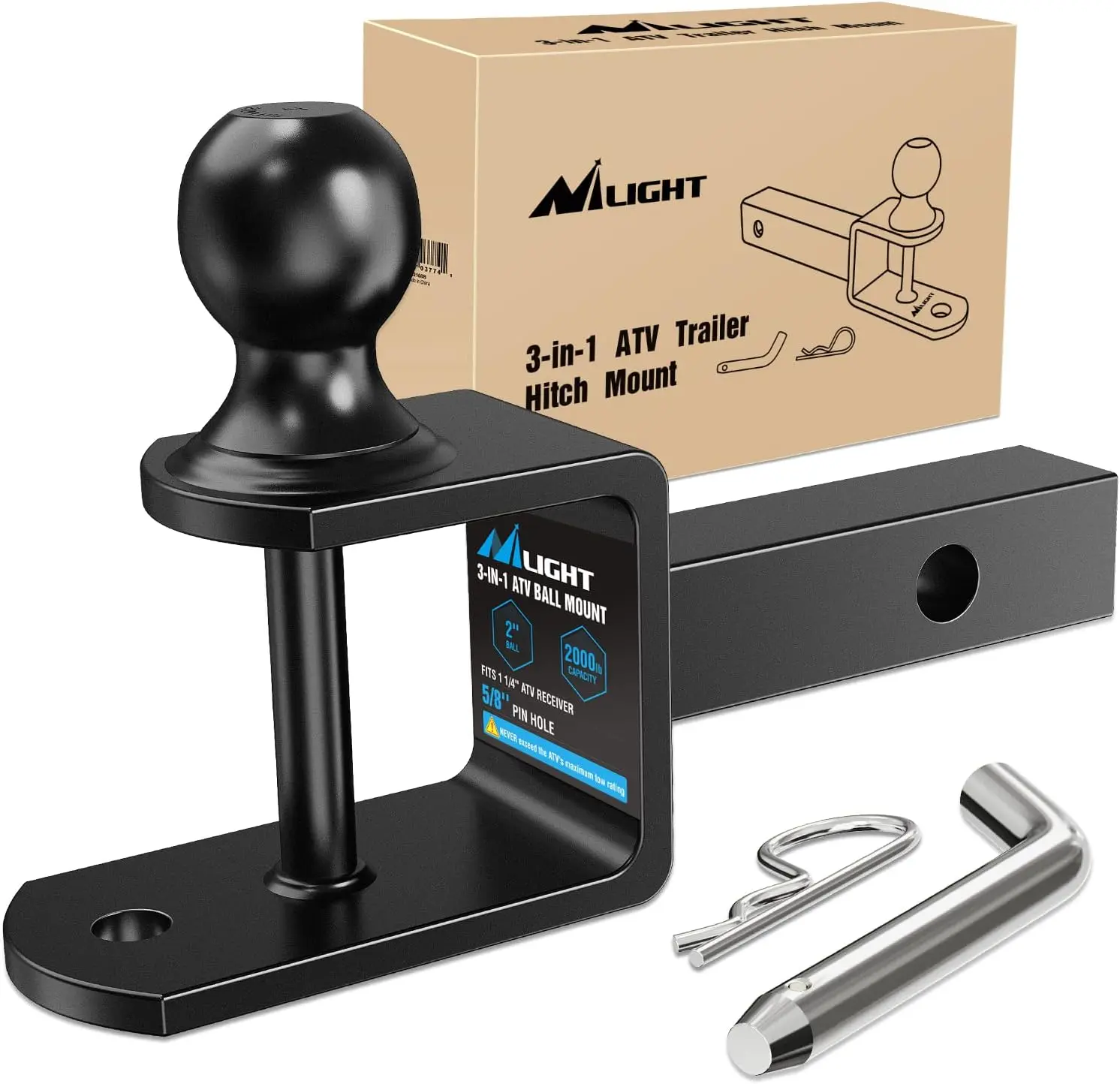 Nilight 3-in-1 Multi-Function Utility ATV/UTV Towing Equipment - 3in1 Hitch Setup, 2-in Ball Hitch (2000lbs), 1-1/4" Receiver Fit, 1-1/4x1-1/4-in Shank, 5000lbs Winch Strap Loop, Easy Installation, High Applicability, Boating Accessory
