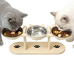 Wooden Cat Bowl Stand with Stainless Steel Bowls | No More Messy Floors. Angled Design Protects Cats’ Necks. Detachable for Easy Cleaning. Multi-Bowl Design Separates Food and Water, Ideal for Cats and Multi-Cat Households.
