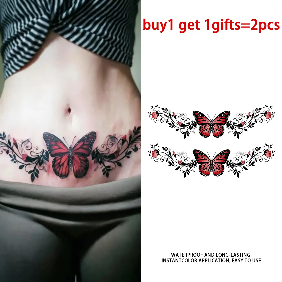 Red Butterfly Rose Vine Waist Band Temporary Tattoo Stickers - 2 Sheets Semi-Permanent Waterproof Realistic Floral Animal Fake Tattoos, Body Art Decals for Women Girls, All Skin Types Perfect for Party, Beach, Daily Wear