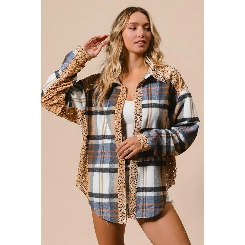 BiBi Curved Hem Sequin Plaid Button Up Shacket