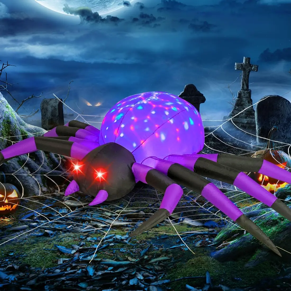 9FT Halloween Inflatable Purple Spider with LED Lights, Waterproof Blow Up Yard Decoration with Stakes and Ropes for Lawn, Garden, Haunted House and Party
