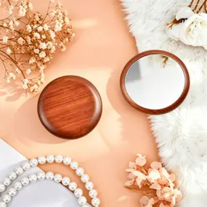 1pc  Retro Style Wooden Compact Mirror Small Round Handheld Cosmetic Mirror Portable Pocket Travel Makeup Mirror for Daily Use