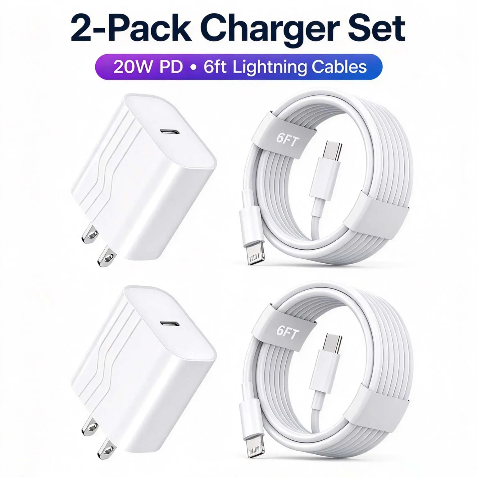 4-Set For  Fast Charging Kit | 20W PD USB-C Wall  with 6FT USB-C to Lightning Cable | Compatible with  14 13 12 11 Pro Max XS XR SE AirPods iPad& More high speed cord charge cable usb cable super  type c