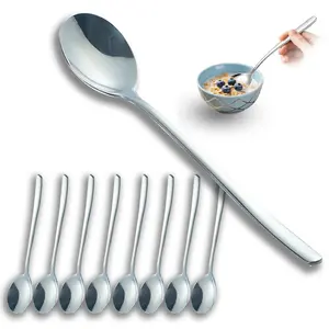 Set of 8 Premium Korean Soup Spoons, 8 Inch 18/10(304) Stainless Steel Long Handle Rice and Soup Spoon for Home, Kitchen, Restaurant Or Cafe Kitchenware Flatware Set, Dishwasher Safe