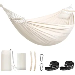 Cotton Hammock Holds Up to 660lbs Fabric Hammock 8.9x4.9ft Soft Portable Tree Hammocks Camping with Detachable Spreader Bar Pillow