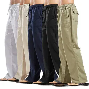 Men's Cotton Linen Casual Pants with Drawstring Waist Loose Long Trousers in Beige for Autumn Menswear Plain Design