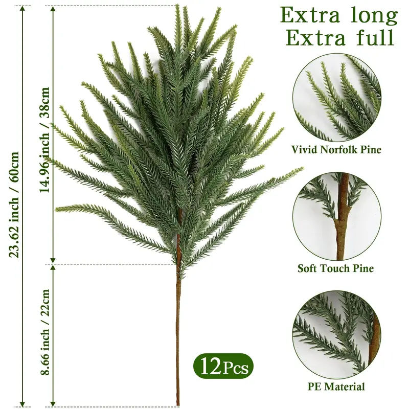 24 inch artificial Norfolk pine stem and foliage detail