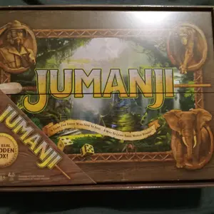 Jumanji The Game in a Real Wooden Box Classic Board Game Packaging Featuring Elephant and Jungle Theme