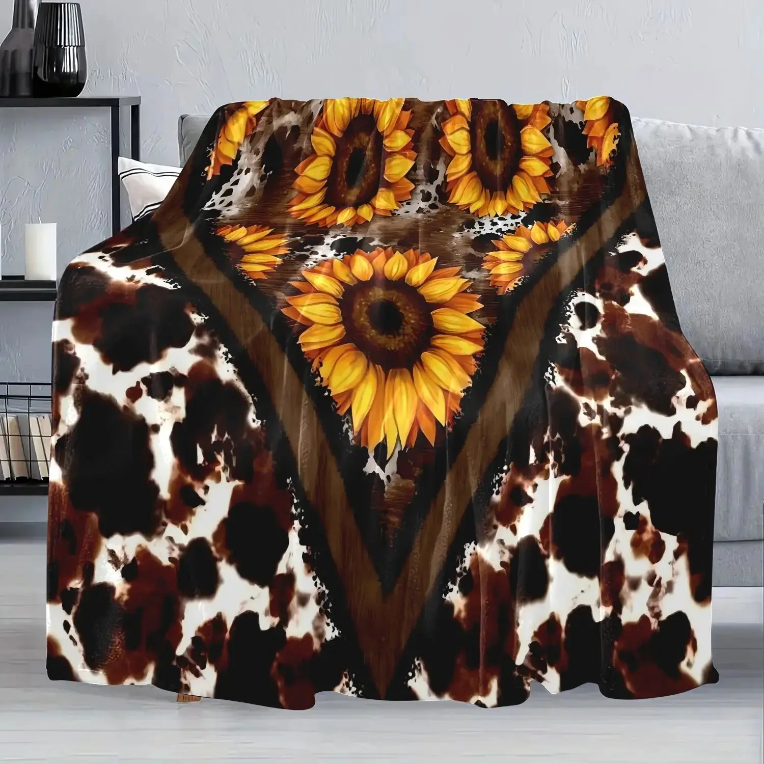 Vintage Cowprint Flannel Throw Blanket - White & Brown Tone with Sunflower Print, Soft Polyester Knit Warm & Cozy Blankets for Sofa, Room Decor, House Decor, Living Room Decorations, All-Season Use & Christmas Gift