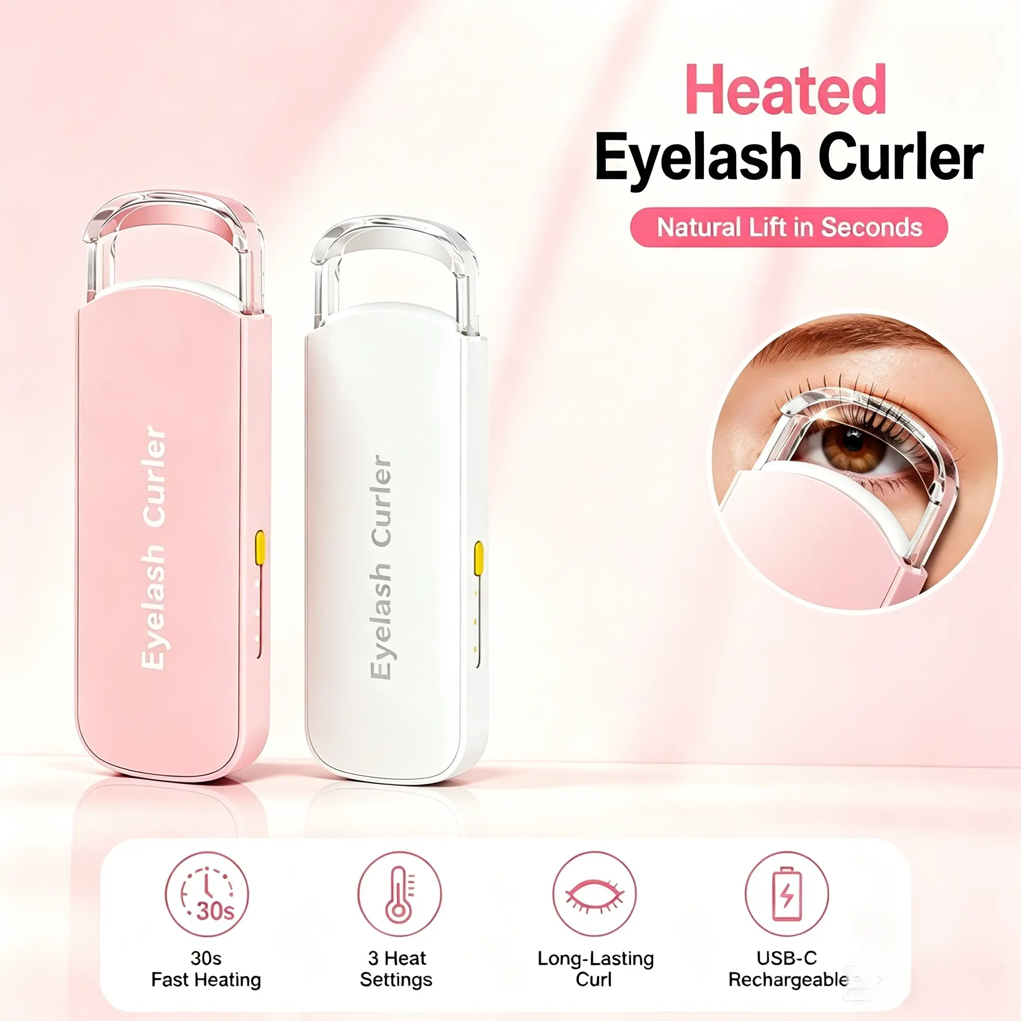 Thermal Eyelash Curler – USB Rechargeable with Thermo-sensitive Silicone Pad Fast Curling, Small Lifting Curler for Eyelashes – for Women, Girls, Home, Travel, Curly and Stylized【Back to School】 - MM2