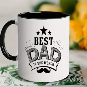"Best Dad in the World" 11oz Ceramic Coffee Mug, White with Black Handle, Reusable, Machine Washable, Multipurpose, Ideal Father'S Day Gift for Home & Office Use