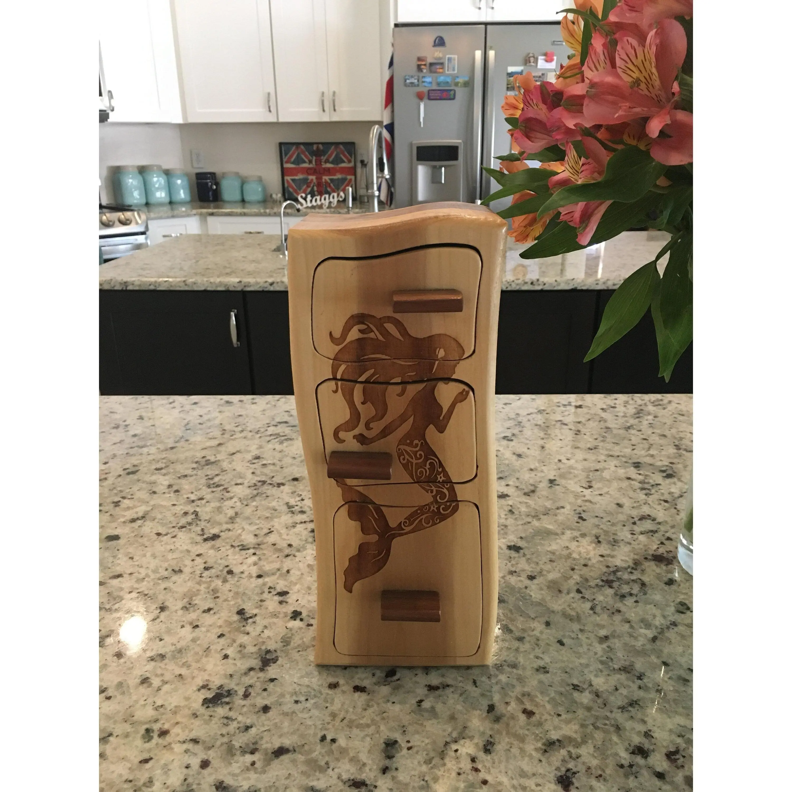 Solid Wood Box W/Drawers - Mermaid with Long Hair, Jewelry Box, Handcrafted, Custom Box, Personalized Box, Handmade, Engraved, Stash Box