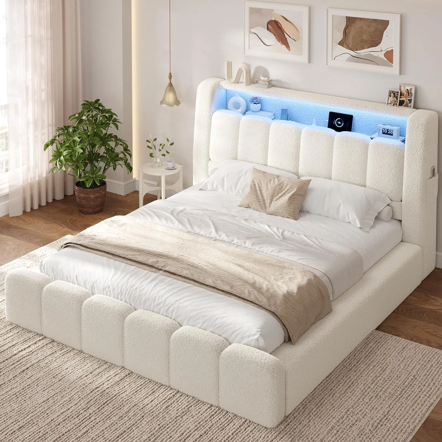 ADORNEVE Cloud Queen Bed Frame - Upholstered Bed Frames with LED Lights, Charging Station, Fully Cushioned Platform, Soft Rounded Corners Design
