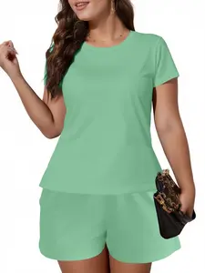 Women's Solid Co-ord Set, Casual Fitted Short Sleeve Tee & Elastic Waist Shorts Set, Women's Summer Clothes for Daily Wear, Cute Summer Outfit