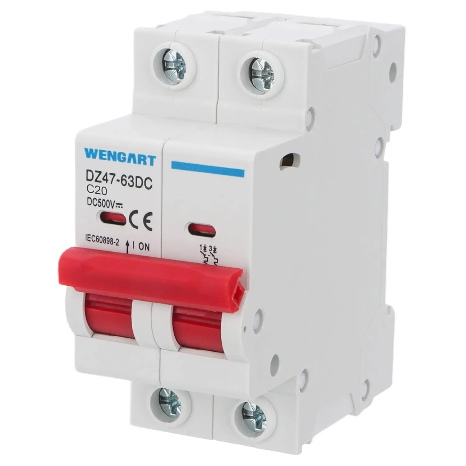 DC Miniature Circuit Breaker DZ47-63Z - 2-Pole, 20A (10-63A Range), 500V DIN Rail Mount Switch with Arc Extinction, Overload Protection, Magnetic System for DC Power Supply, Power Distribution, Solar PV Systems, 2 Poles, Battery Systems