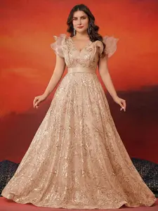 Elegant Plus Size Women's Summer Party Dress, Rhinestone Embroidered V-Neck Ruffle Gown, Formal Evening Wear, Graduation