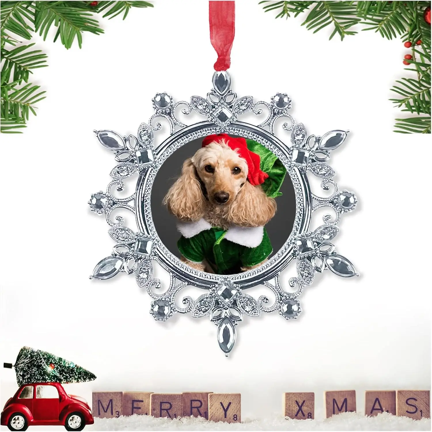 Christmas Photo Ornaments - 3.86" Snowflake Ornaments, Fits 2x2 inches Photos - 2025 Snow Decorations - Christmas Tree Snow Decorations with White Clear Rhinestones (White 1)