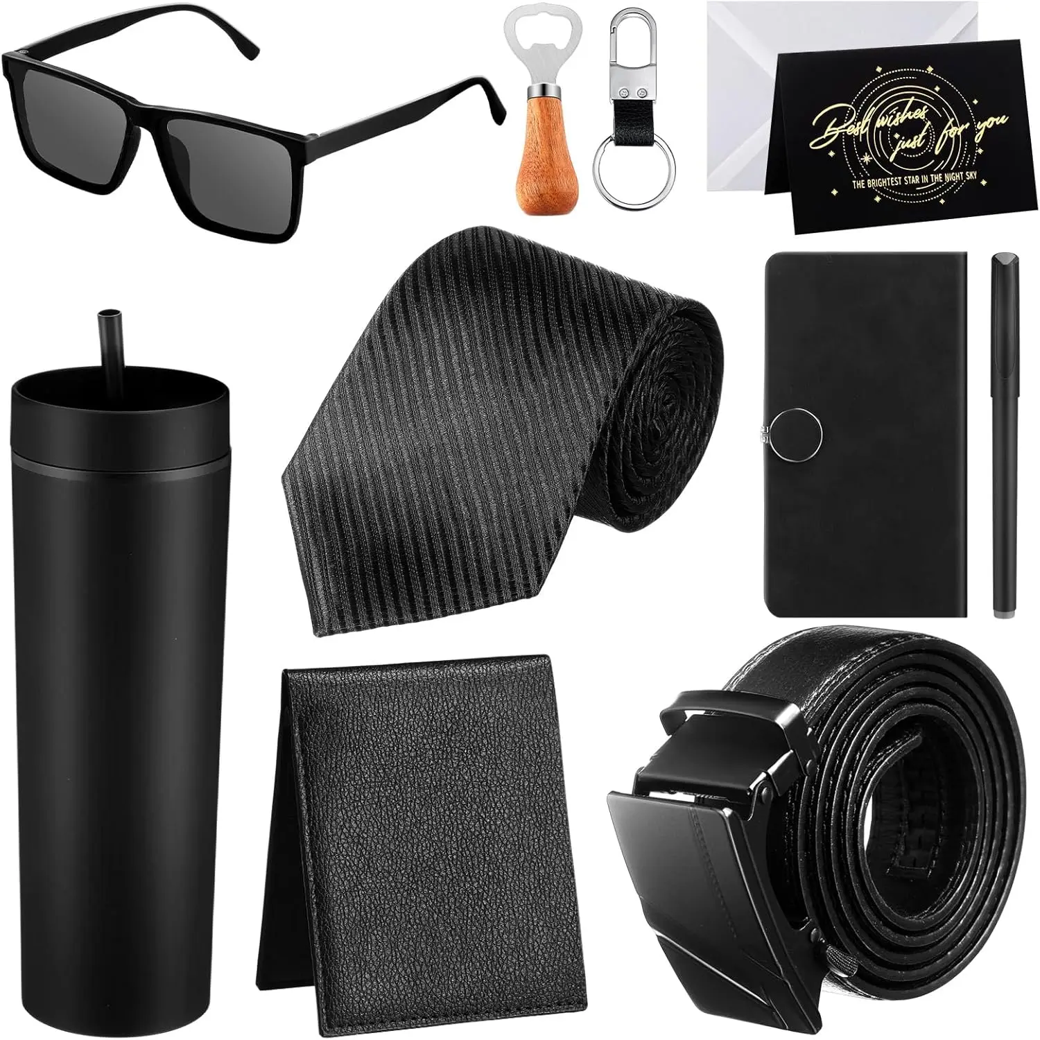 Tioncy 12-Pcs Birthday Gifts Set for Him Basket - 16 oz Tumbler, Wood Bottle Opener, PU Leather Wallet, Tie, Belt, Keychain, Sunglasses, Pen, Journal - Dad Husband Brother Present Kit, Gifts For Boyfriend, Boyfriend Gift Basket