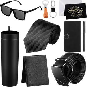 Tioncy 12 Pcs Birthday Gifts Set for Men Gift Box Baskets 16 oz Tumbler Wood Bottle Opener PU Leather Wallet Tie Belt Keychain Sunglasses Pen Journal for Dad Boyfriend Husband Brother