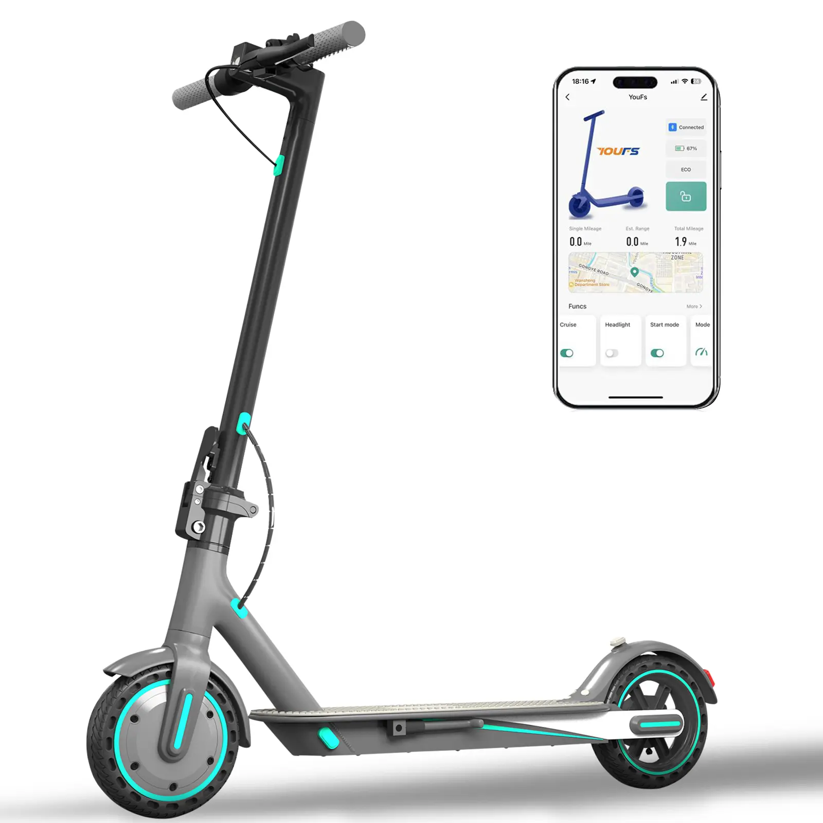 V8 adult electric scooter with application, 8.5-inch honeycomb solid tires, urban mobility scooter, large capacity battery, 14 mile range, suitable for short distance travel, foldable scooter