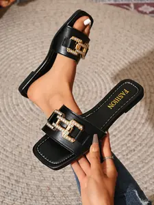 Women's Summer New Rhinestone Metal Buckle Square Toe Sandals, Comfortable Breathable Flat Slip-On Shoes, Ideal for Daily Commute, Vacation, Beach