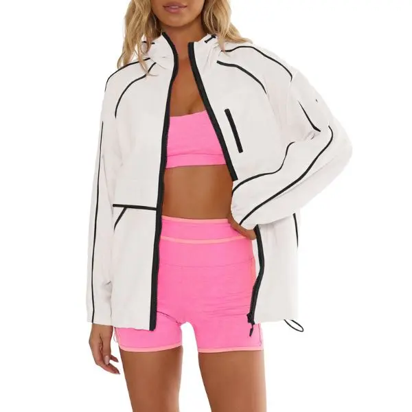 Fisoew Women's White Piping Color Block Windbreaker Jacket, Full Zip Hooded Oversized Long Sleeve Drawstring Hem Lightweight Athletic Track Jacket With Pockets