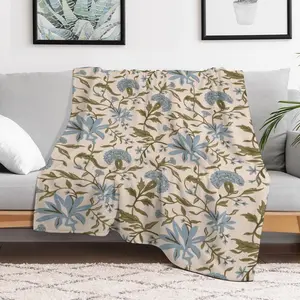 Flannel Fleece Blanket, Dusty Blue Floral Vintage Botanical Cottagecore Aesthetic Design Soft Throw, Cozy Warm Timeless Gift for Couch Bed
