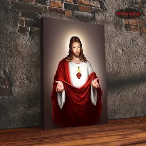 Jesus Sacred Heart Canvas Wall Art with Wooden Frame - Classic Retro Religious Cross Print, Religious Decoration, 2D Jesus Christ Home Decor Painting, 29.97cm x 39.88cm Indoor Hanging Painting Suitable for Bedroom, Living Room - Durable Christian Gift