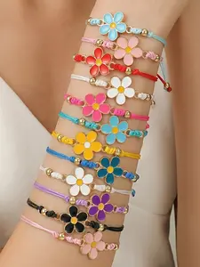 12-Piece Set Cute Multicolor Floral Handmade Bracelets, Adjustable, Perfect for Daily Wear or Gift, Trendy Accessory for Friends