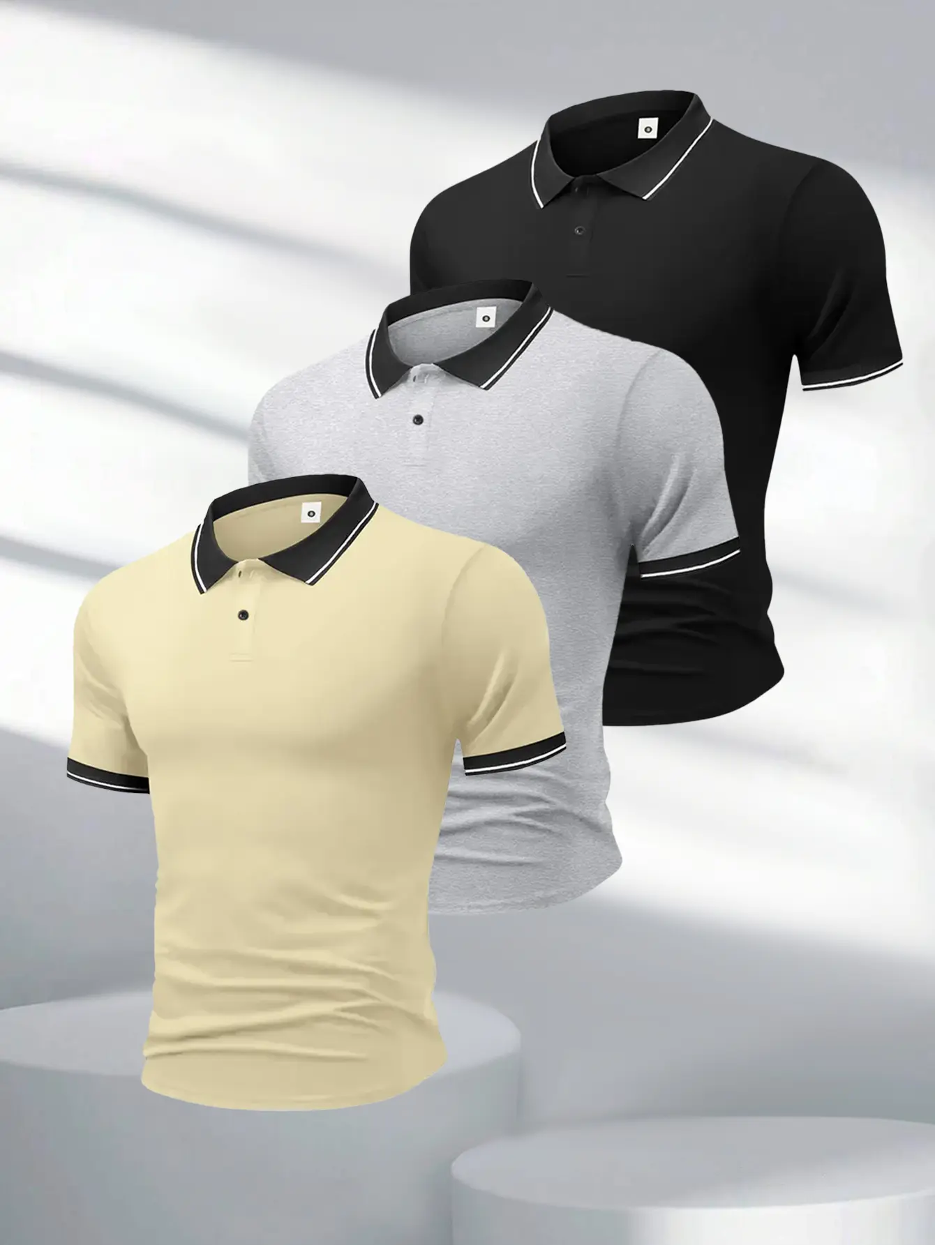 Men's 3-Piece Formal Wear Set - Premium Cotton Skin-Friendly Short-Sleeve Knitting Polo Shirt with Buttoned Collar, Slightly Stretchy Casual Athletic Summer Workwear, Menswear