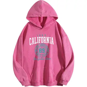 Holafish Women's California Print Acid Wash Hoodie Vintage Sweatshirt Oversized Loose Fit Winter Warm Streetwear Casual Tunic